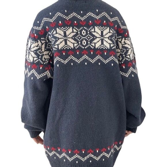 LL Bean Mens Navy Blue Red Lambswool Fair Isle Snowflake Cowl Neck Sweater XXL - Picture 4 of 7